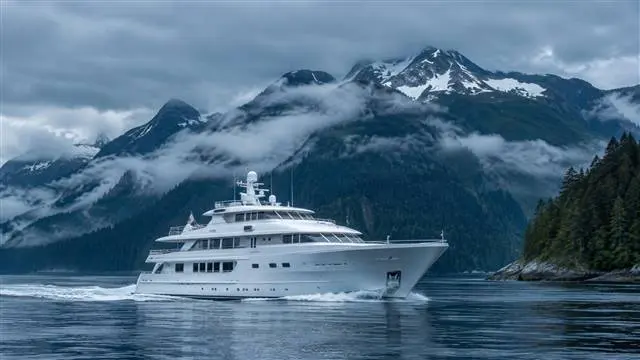 Our vessel | Alaska Coastal Hunts Large white charter yacht cruising an Alaskan coastal channel against forested mountains