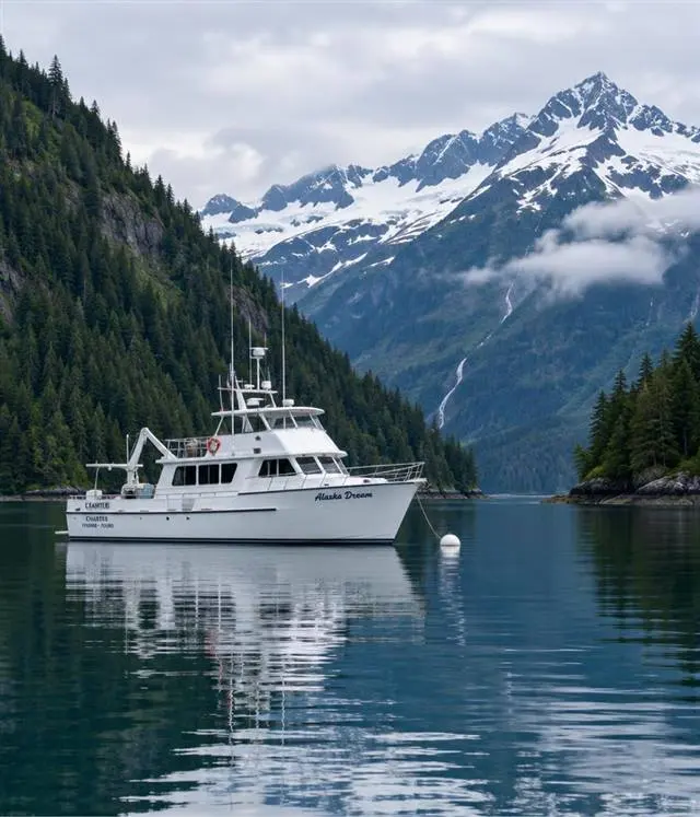 Charter vessel base camp | Alaska Coastal Hunts White charter vessel anchored in a calm Alaskan coastal bay surrounded by forested mountains